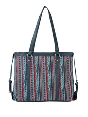 PRIMROSE Boho Tribal Print Tote Bag, Navy Blue with Red and Turquoise Pattern, Double Shoulder Straps