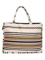 RIMROCK Boho Canvas Tote Bag, Geometric Tribal Pattern, Black White and Tan Stripes