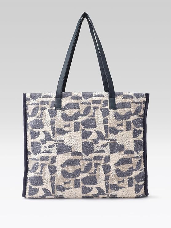 PRIMROSE Woven Tote Bag, Blue and Beige Floral Pattern