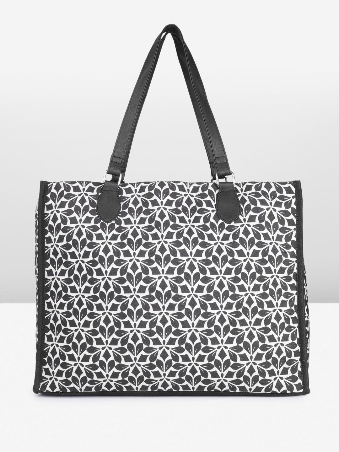 PRIMROSE Floral Pattern Tote Bag, Black and White Print, Double Handle, Large Capacity Shopping Handbag