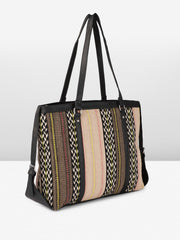 Women's Stylish Tote Bag, Chevron Pattern with Black Trim, Multi-Colour Stripes