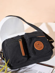 Rimrock Canvas Utility Crossbody Bag with Leather Trim, Black, Multi-Pocket Design