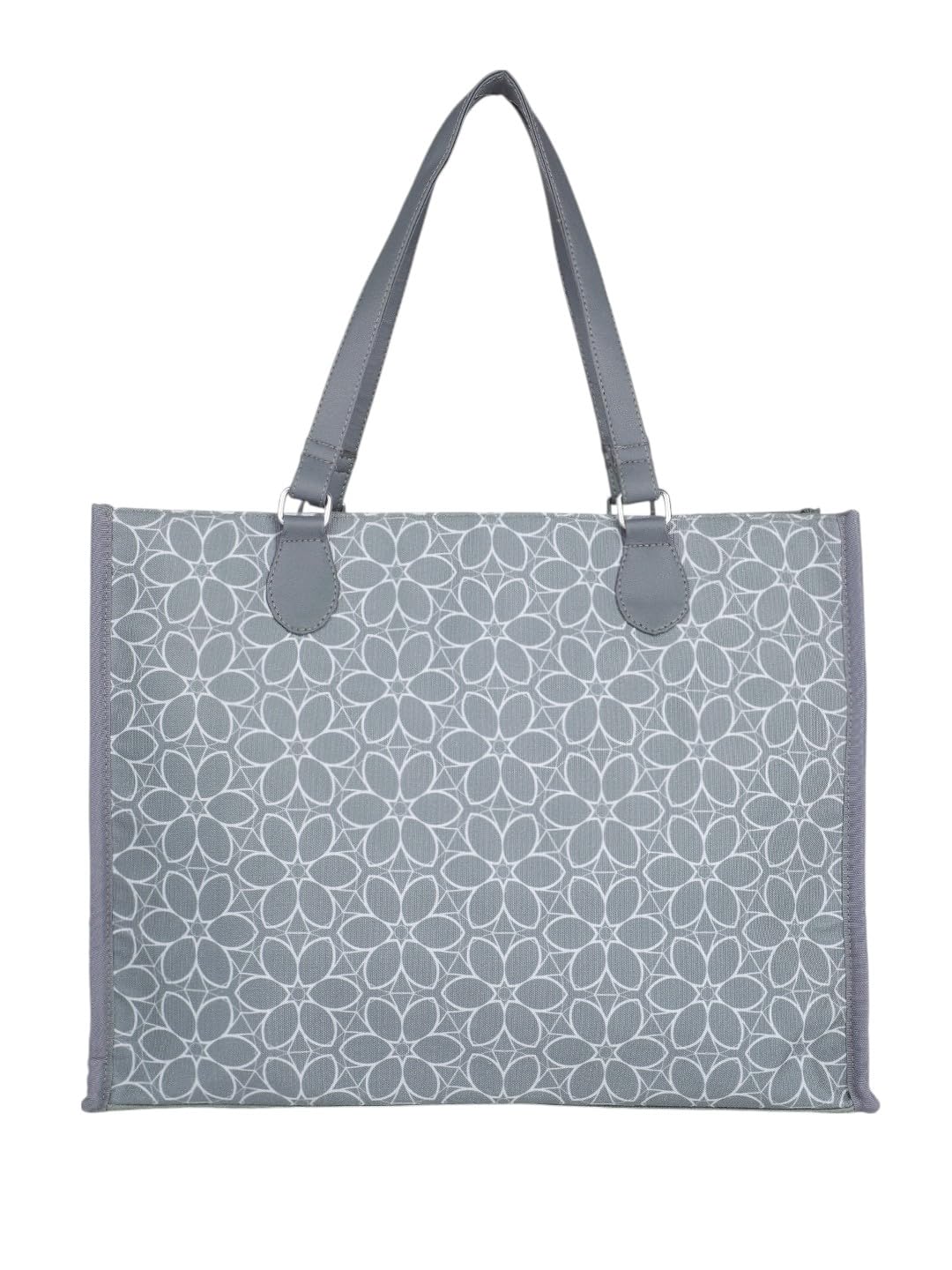 PRIMROSE Floral Pattern Canvas Tote Bag, Grey with White Design, Double Handle, Shopping Handbag