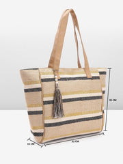 PRIMROSE Striped Jute Tote Bag with Tassel Tan and Black