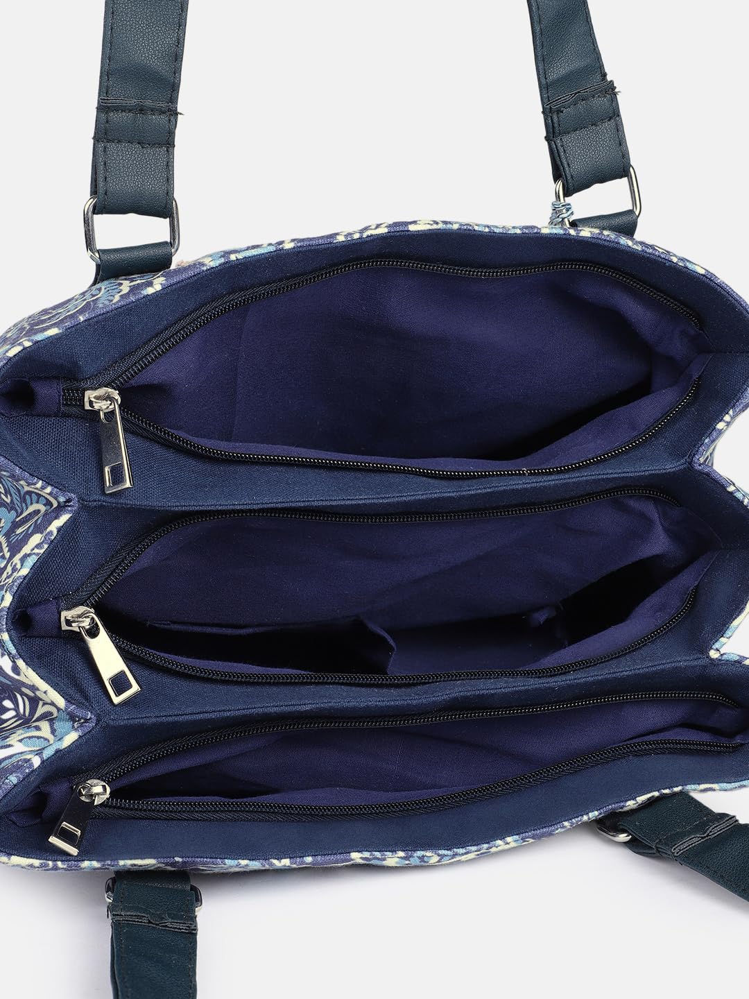 PRIMROSE Floral Paisley Print Tote Bag with Tassel, Navy Blue and White Pattern, Double Handles