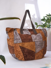 RIMROCK Patchwork Suede Tote Bag, Large Casual Shopper, Brown and Grey Geometric Design