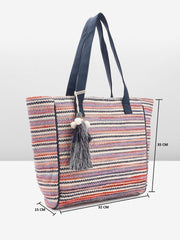 PRIMROSE Multicoloured Striped Canvas Tote Bag with Tassel Detail