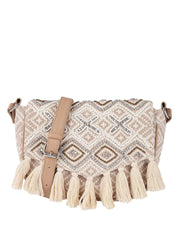 PRIMROSE Bohemian Crossbody Handbag with Crystal Embellishments, Woven Pattern, Cream Tassels, Tan Polyurethane Strap