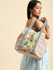 PRIMROSE Floral Embroidered Canvas Tote Bag, Beige with Lace Trim, Multi-Colour Botanical Pattern