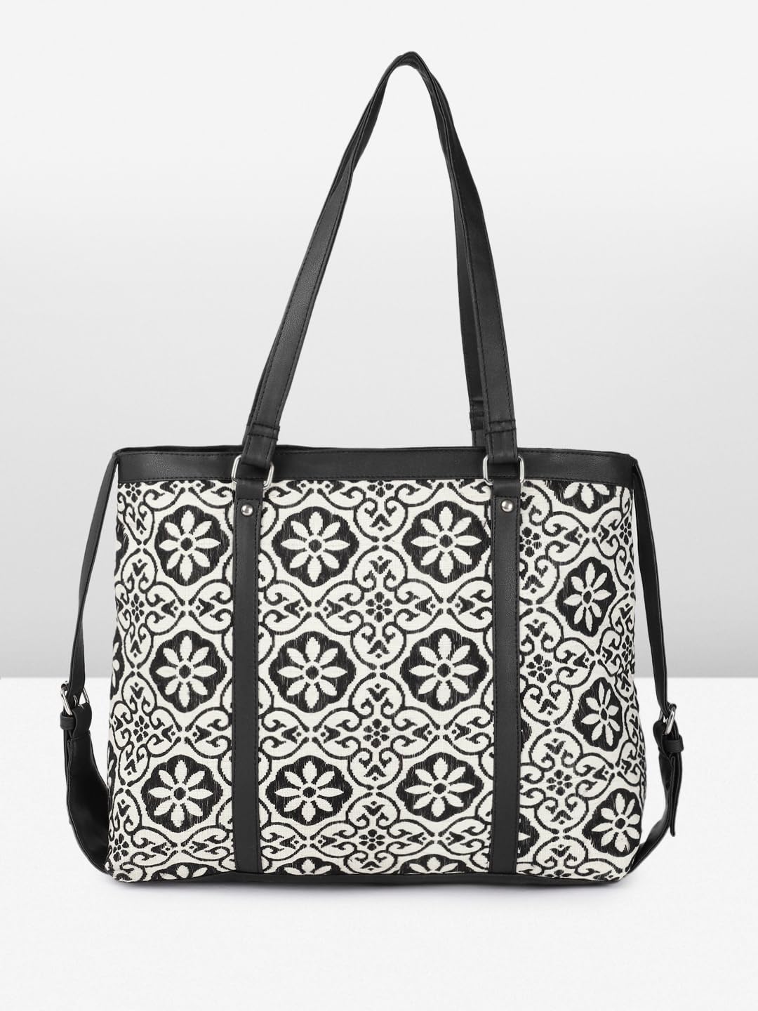 PRIMROSE Floral Pattern Canvas Tote Bag, Black and White, Double Handle Shoulder Handbag