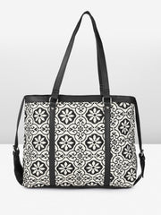 PRIMROSE Floral Pattern Canvas Tote Bag, Black and White, Double Handle Shoulder Handbag
