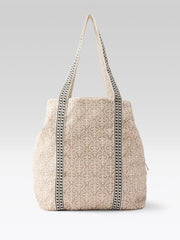 PRIMROSE Floral Embroidered Canvas Tote Bag, Beige with Lace Trim, Multi-Colour Botanical Pattern