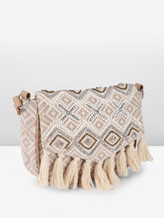 PRIMROSE Bohemian Crossbody Handbag with Crystal Embellishments, Woven Pattern, Cream Tassels, Tan Polyurethane Strap