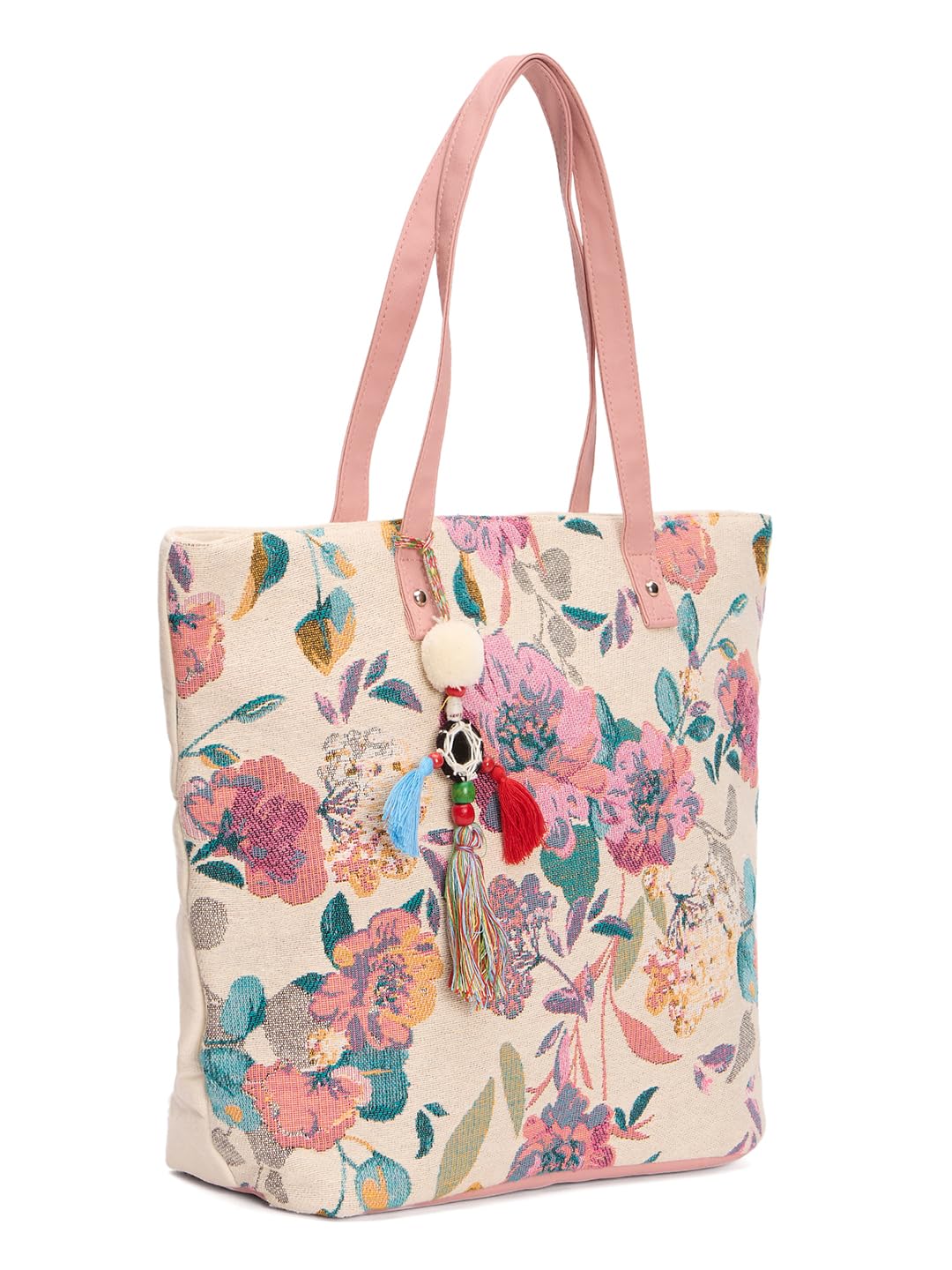 PRIMROSE Floral Cotton Tote Bag, Off White with Pink Handles, 41 x 33 cm, Tassel Detail