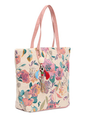 PRIMROSE Floral Cotton Tote Bag, Off White with Pink Handles, 41 x 33 cm, Tassel Detail