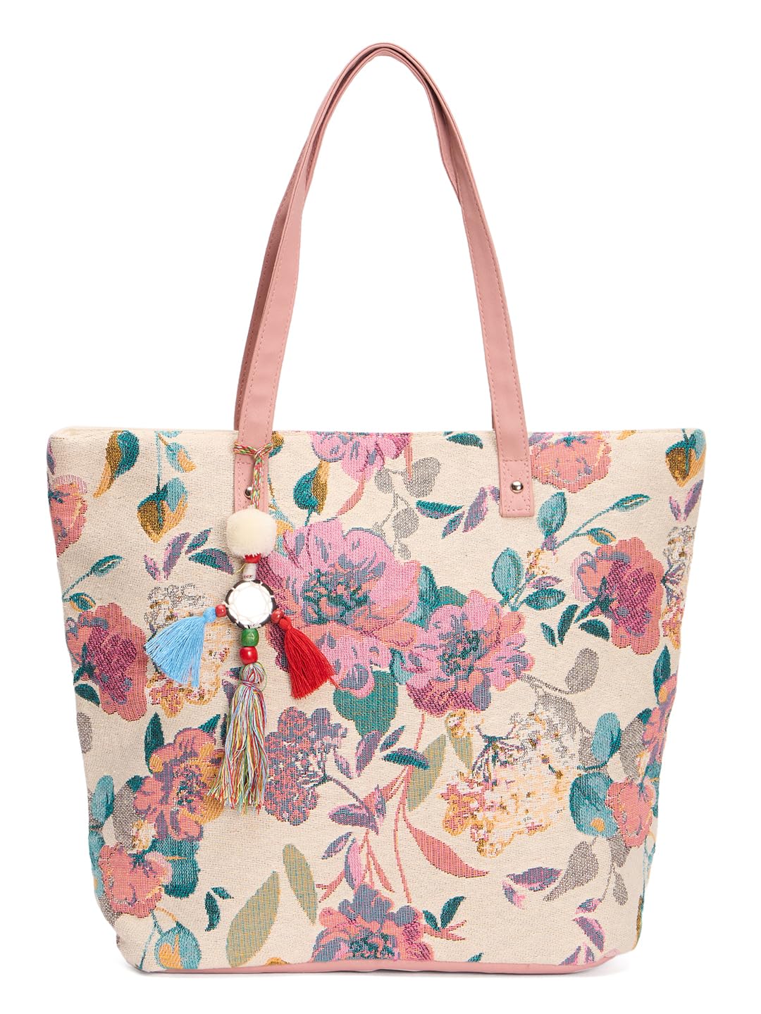 PRIMROSE Floral Cotton Tote Bag, Off White with Pink Handles, 41 x 33 cm, Tassel Detail