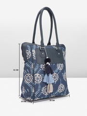 PRIMROSE Women's Navy Blue Floral Pattern Tote Bag with Tassel Charm