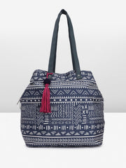PRIMROSE Printed Tote Bag with Tassel Accent Navy Blue and White Tribal Pattern