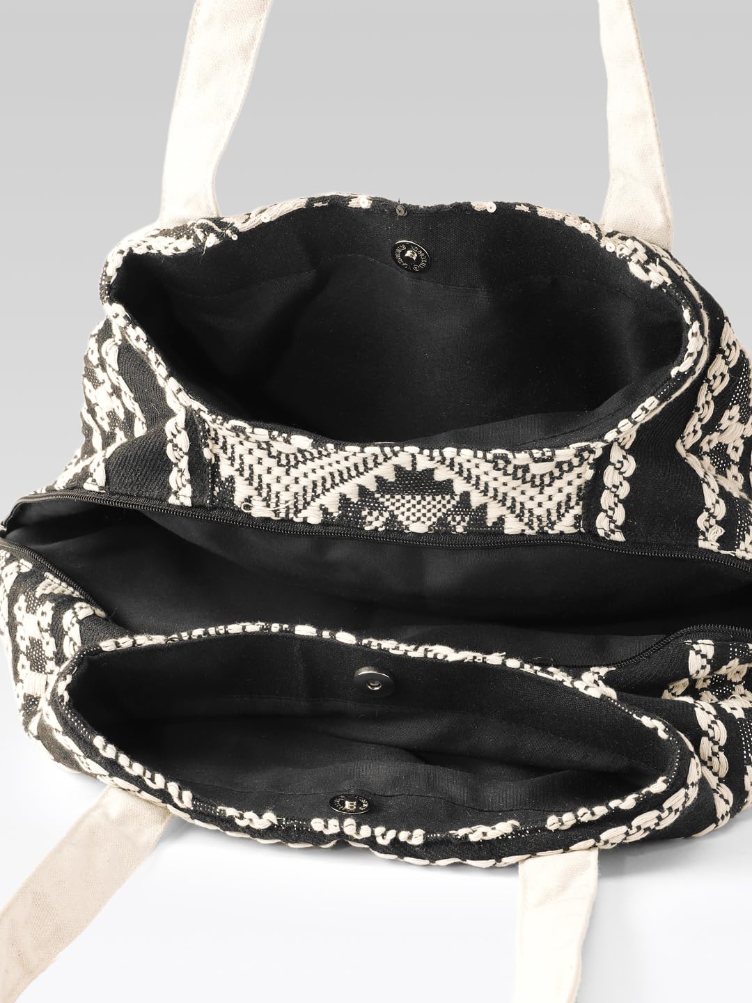 PRIMROSE Floral Pattern Canvas Tote Bag, Beige and Black, Geometric Print Straps