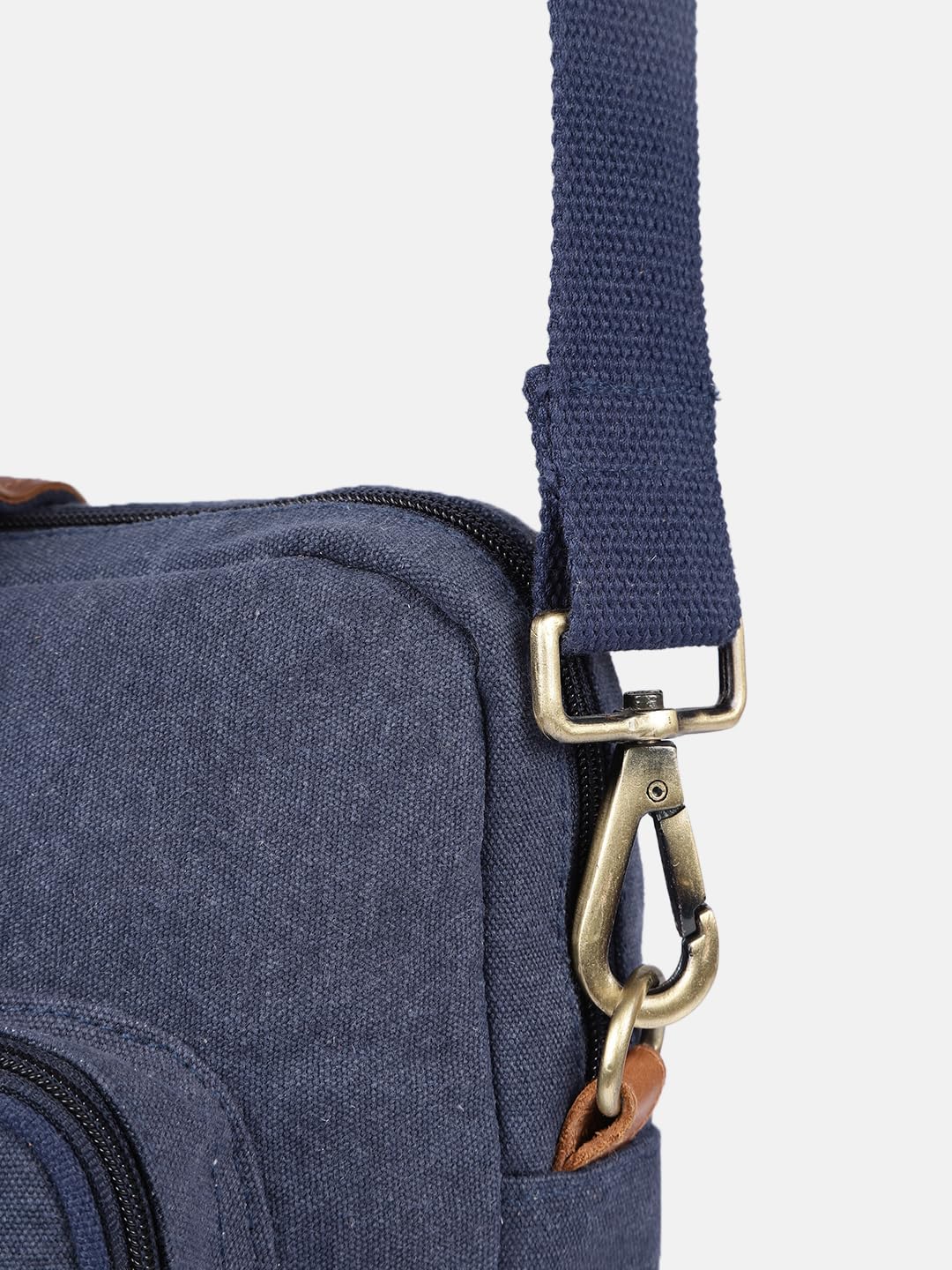 PRIMROSE Canvas Laptop Bag, Navy Blue with Brown Leather Handles, Dual Front Pockets, Shoulder Strap