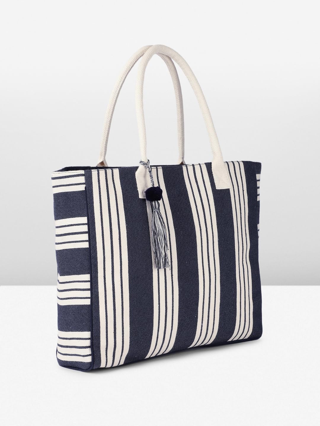 PRIMROSE Large Canvas Tote Bag, Navy Blue and White Striped Pattern, Decorative Tassel, Beach Shopping Handbag