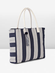 PRIMROSE Large Canvas Tote Bag, Navy Blue and White Striped Pattern, Decorative Tassel, Beach Shopping Handbag