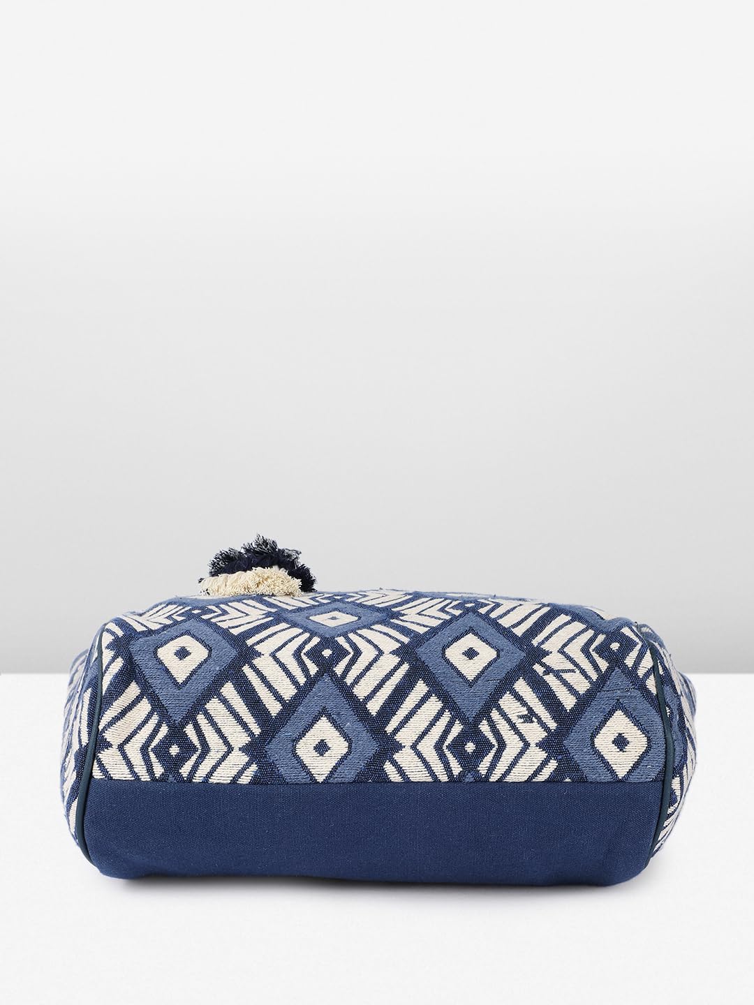 PRIMROSE Geometric Pattern Canvas Tote Bag, Navy Blue and White, Large Shoulder Bag with Decorative Tassels