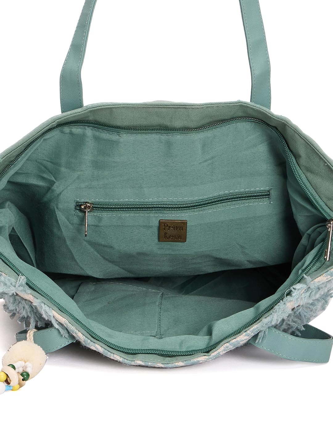 RIMROCK Decorative Canvas Tote Bag with Houndstooth Pattern, Mint Blue and Cream, Tassel Charm