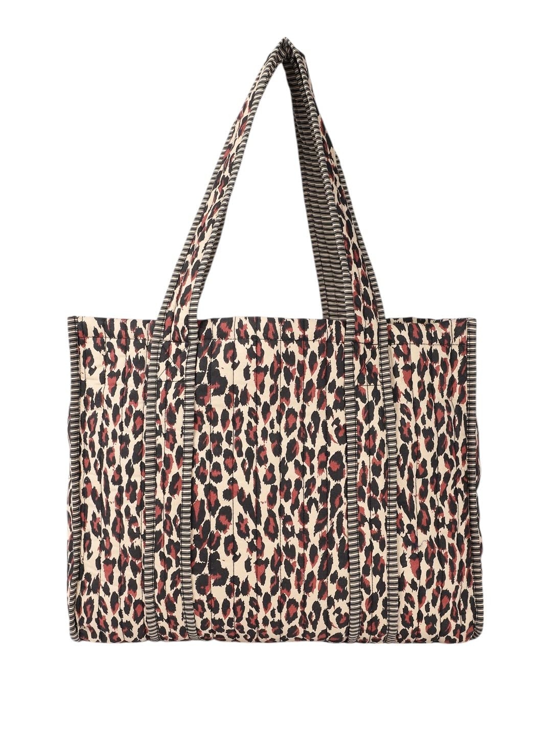 PRIMROSE Large Canvas Tote Bag, Leopard Print Pattern with Striped Trim, Shopping Shoulder Bag