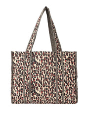 PRIMROSE Large Canvas Tote Bag, Leopard Print Pattern with Striped Trim, Shopping Shoulder Bag