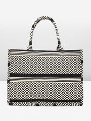 PRIMROSE Black and White Geometric Pattern Canvas Tote Bag for Women