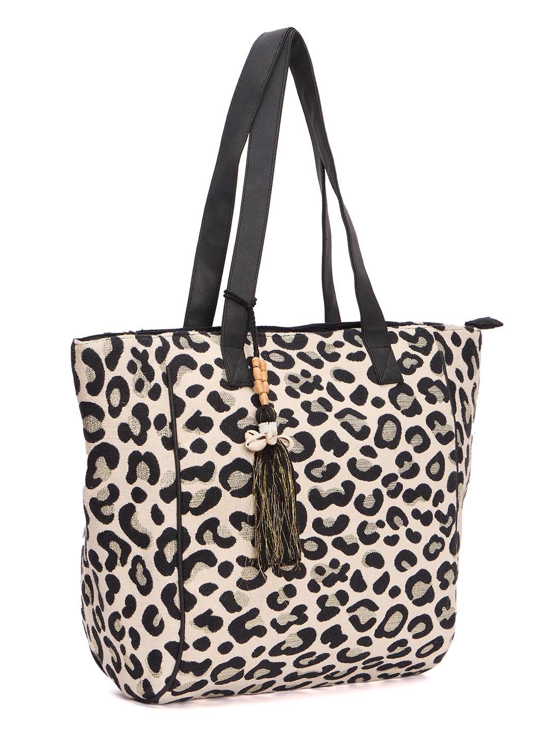 RIMROCK Leopard Print Canvas Tote Bag with Tassel, Black and White, Large Shoulder Handbag