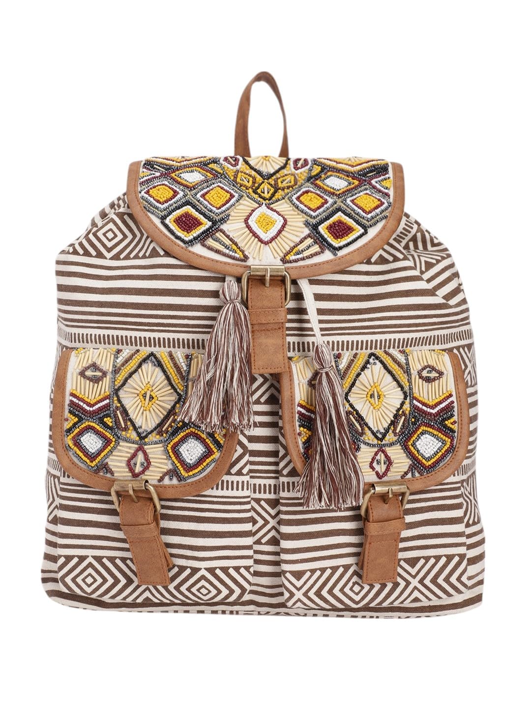 PRIMROSE Boho Canvas Backpack, Beaded Geometric Pattern, Brown and White Striped with Tassels