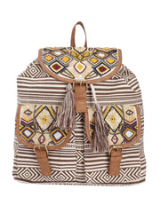 PRIMROSE Boho Canvas Backpack, Beaded Geometric Pattern, Brown and White Striped with Tassels