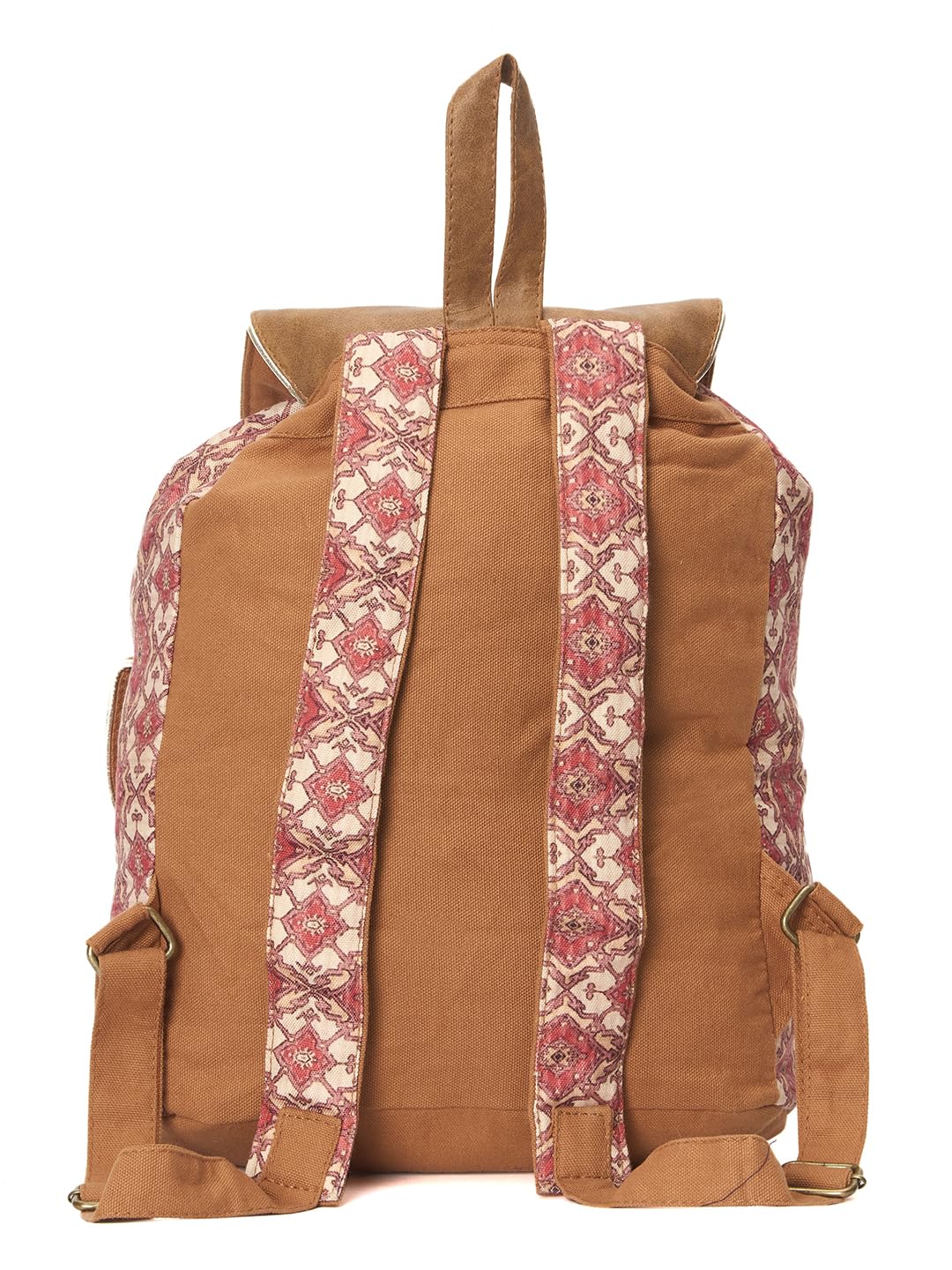 Vintage Canvas Backpack, Floral Pattern with Brown Pu Trim, Double Front Pockets, Pink and Beige