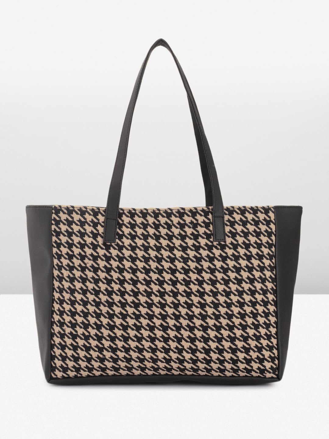 PRIMROSE Classic Houndstooth Pattern Tote Bag, Black and Beige, PU Leather Trim