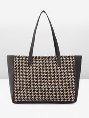 PRIMROSE Classic Houndstooth Pattern Tote Bag, Black and Beige, PU Leather Trim