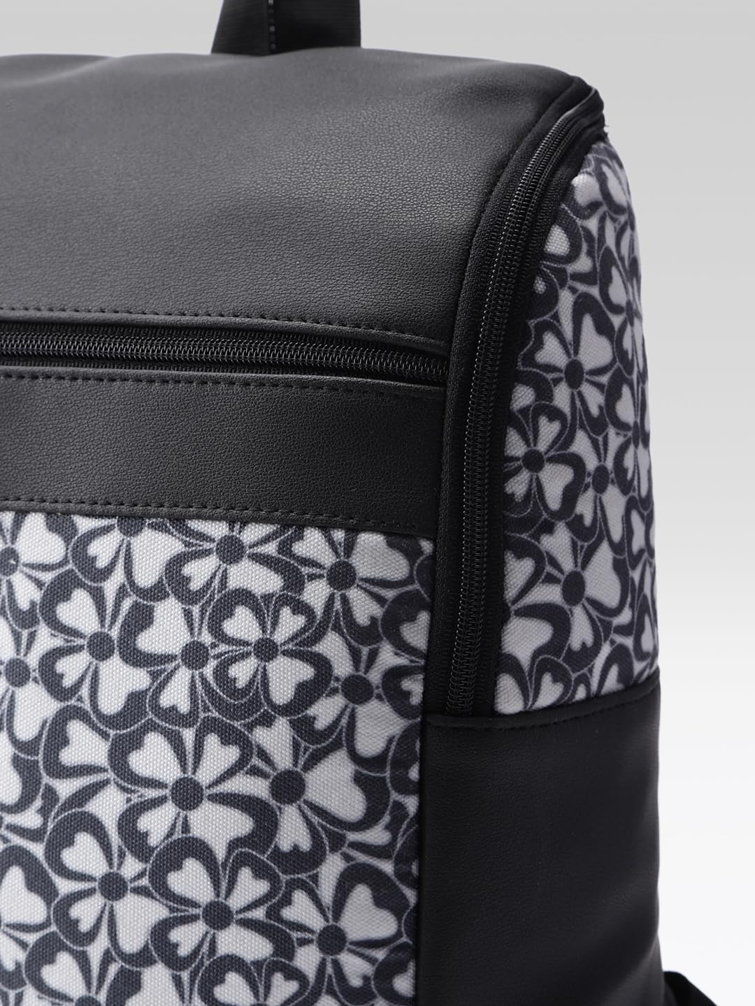 PRIMROSE Floral Pattern Backpack, Black and Grey, Multiple Zipper Compartments, Fashion Daypack