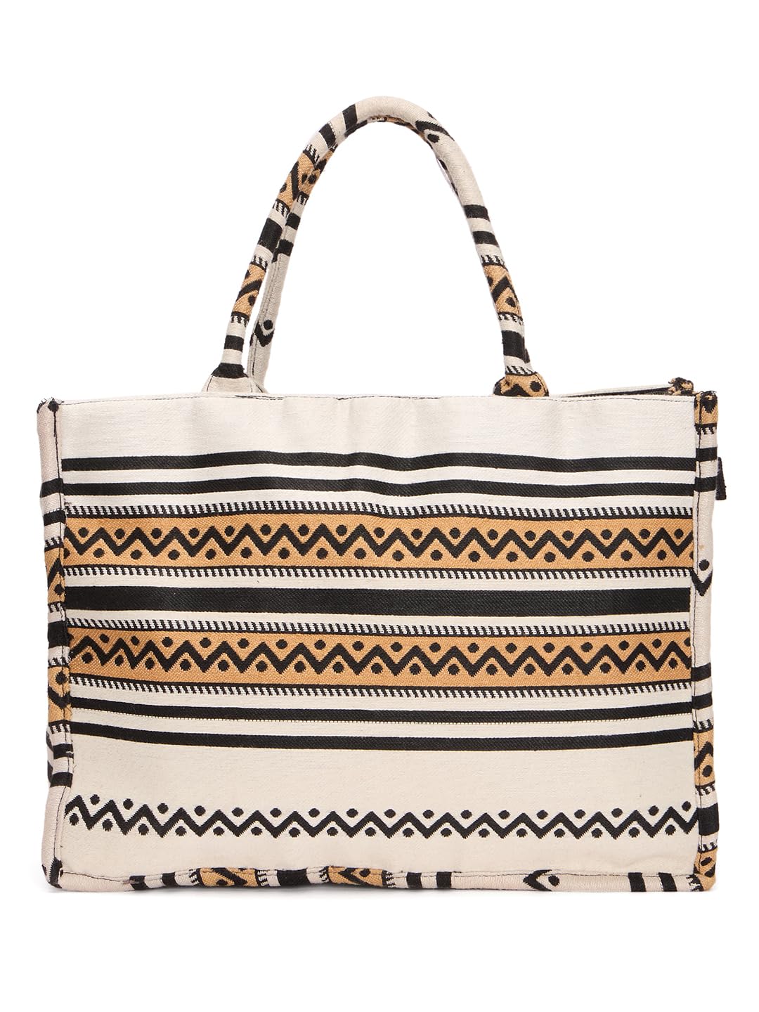RIMROCK Boho Canvas Tote Bag, Geometric Tribal Pattern, Black White and Tan Stripes