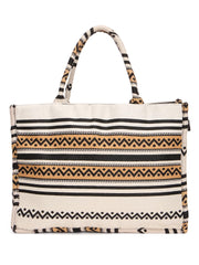 RIMROCK Boho Canvas Tote Bag, Geometric Tribal Pattern, Black White and Tan Stripes
