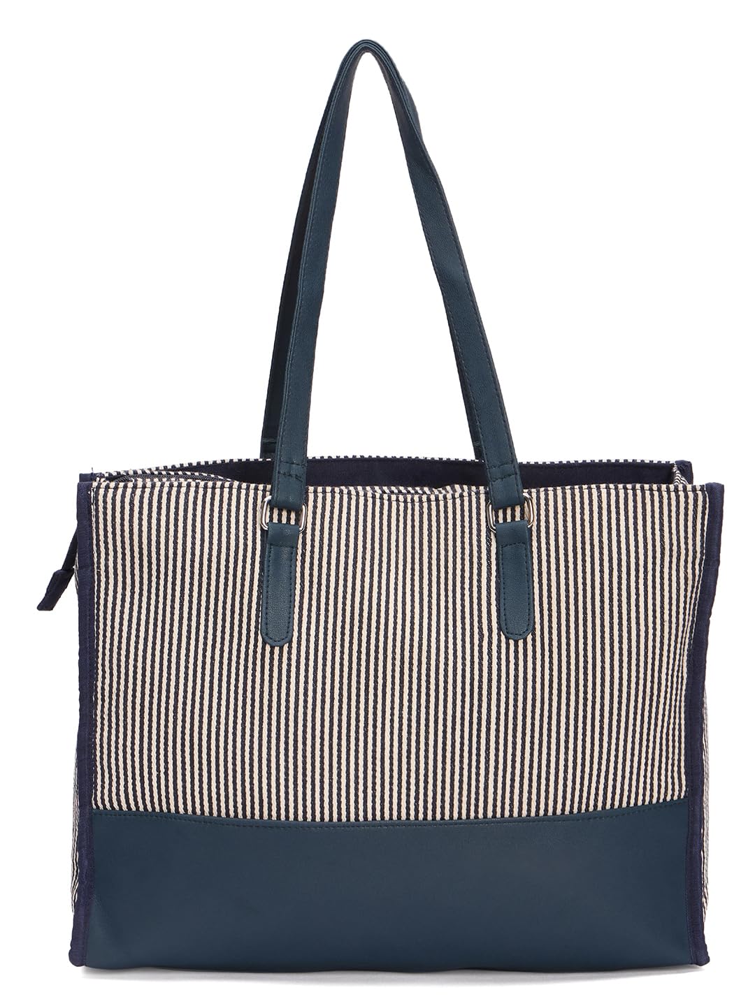 RIMROCK Striped Canvas Tote Bag with Navy Leather Trim, Large Shoulder Straps, Black and White