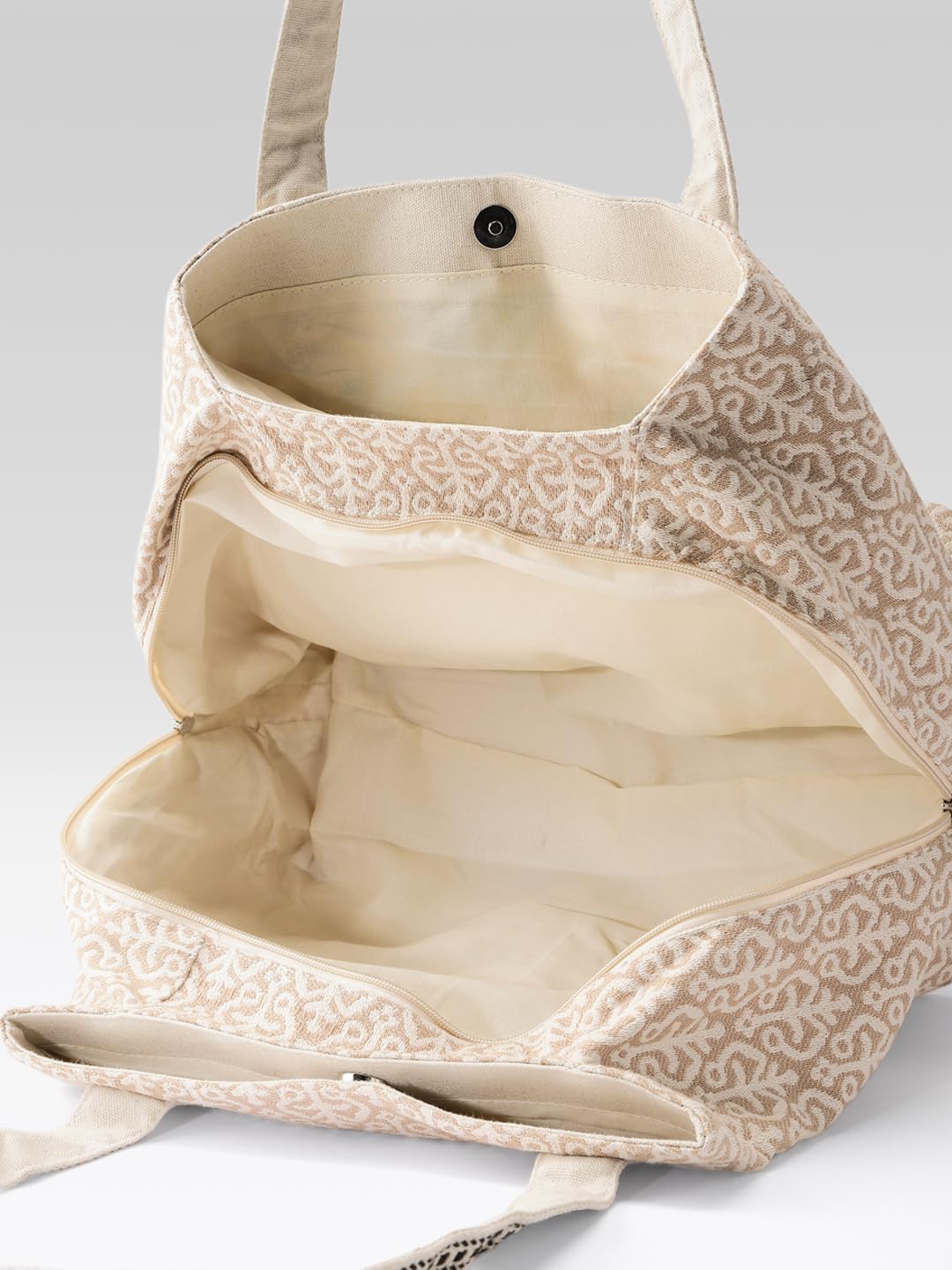 PRIMROSE Floral Embroidered Canvas Tote Bag, Beige with Lace Trim, Multi-Colour Botanical Pattern