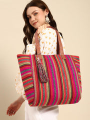 PRIMROSE Striped Woven Tote Bag with Tassel, Multicolour, Brown Handles