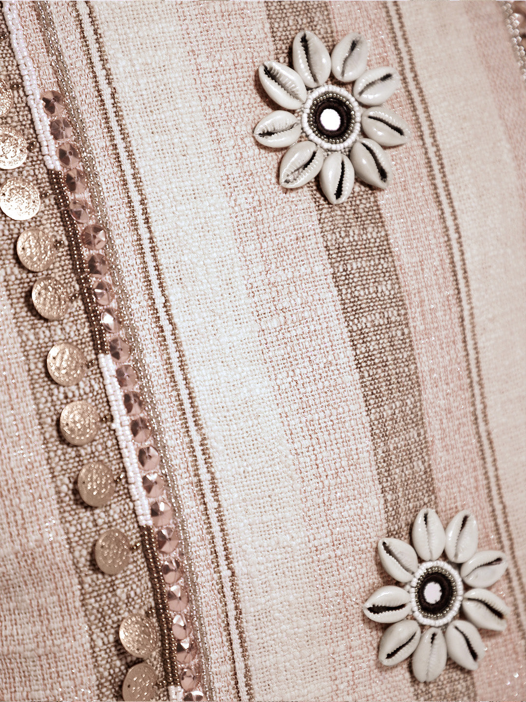 PRIMROSE Striped Tote Bag with Floral Embellishment, Beige, Jacquard, Shoulder Bag, Embroidered Design