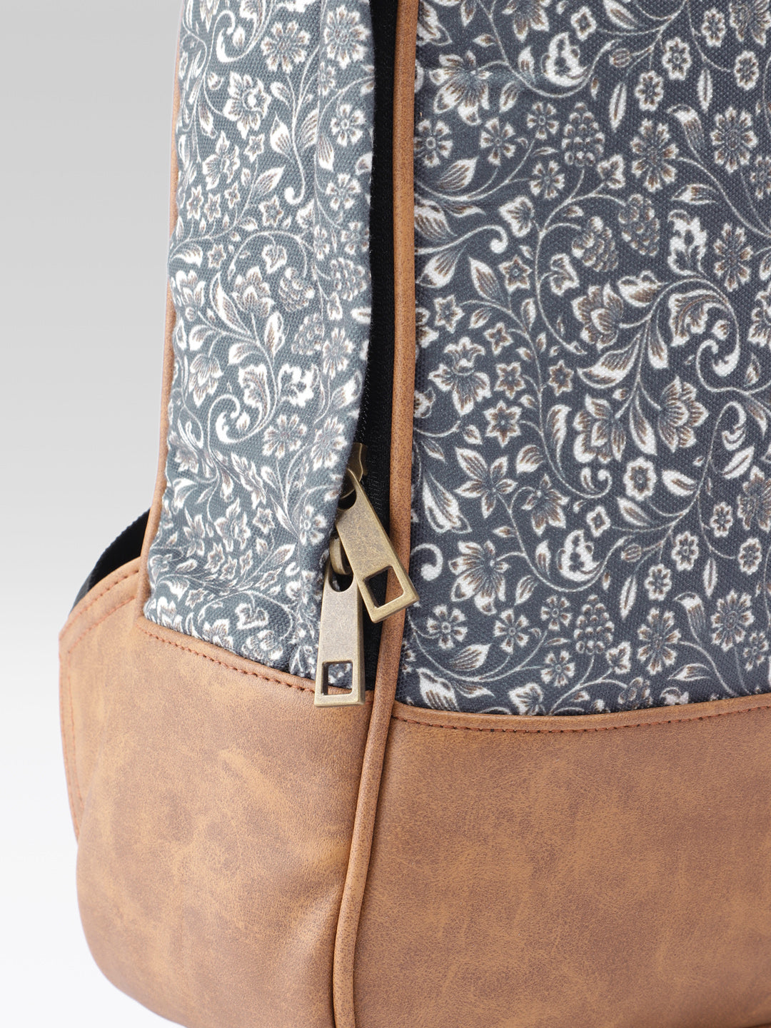 PRIMROSE Floral Print Backpack with Brown Polyvinyl Chloride Base, Grey and Beige Pattern, Casual Travel Bag