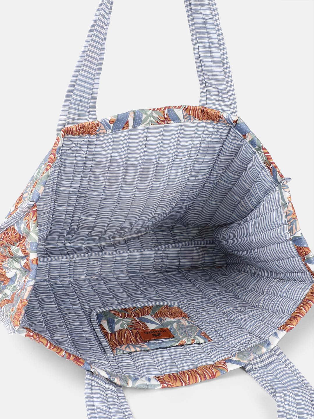 PRIMROSE Large Tropical Tiger Print Canvas Tote Bag, Blue and Orange Floral Pattern, Striped Trim