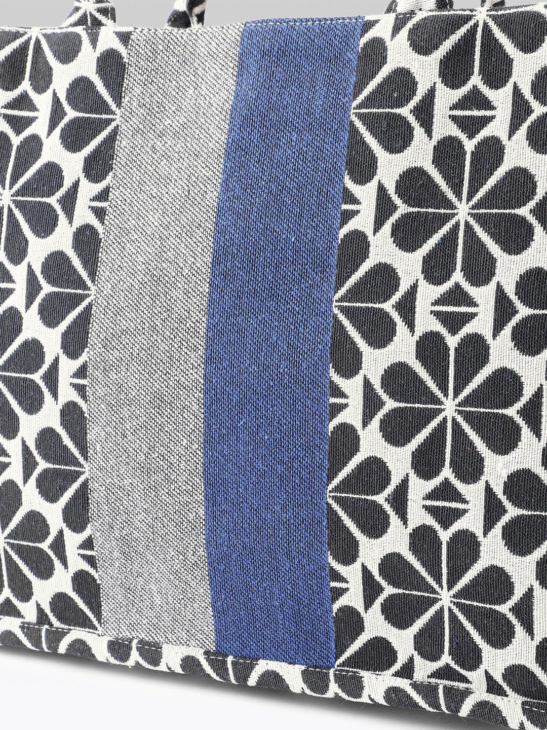 PRIMROSE Floral Pattern Canvas Tote Bag with Grey and Navy Stripes, Black and White