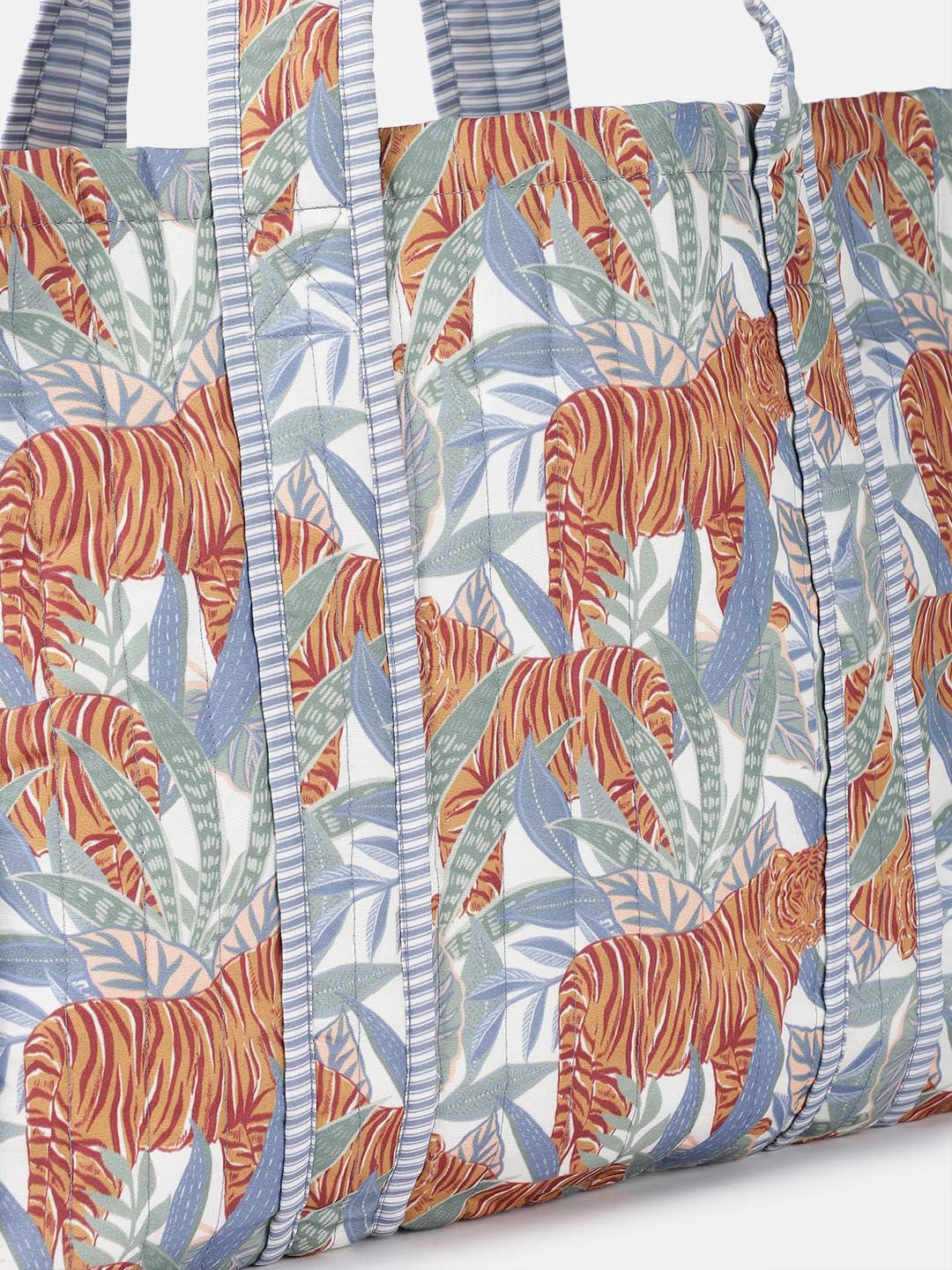 PRIMROSE Large Tropical Tiger Print Canvas Tote Bag, Blue and Orange Floral Pattern, Striped Trim