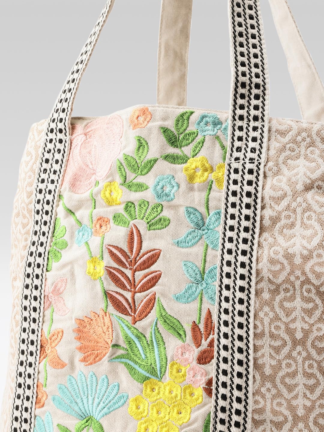 PRIMROSE Floral Embroidered Canvas Tote Bag, Beige with Lace Trim, Multi-Colour Botanical Pattern