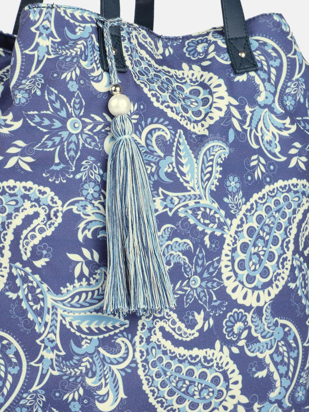 PRIMROSE Paisley Print Tote Bag with Tassel, Navy Blue and Light Blue Pattern, Long Shoulder Straps